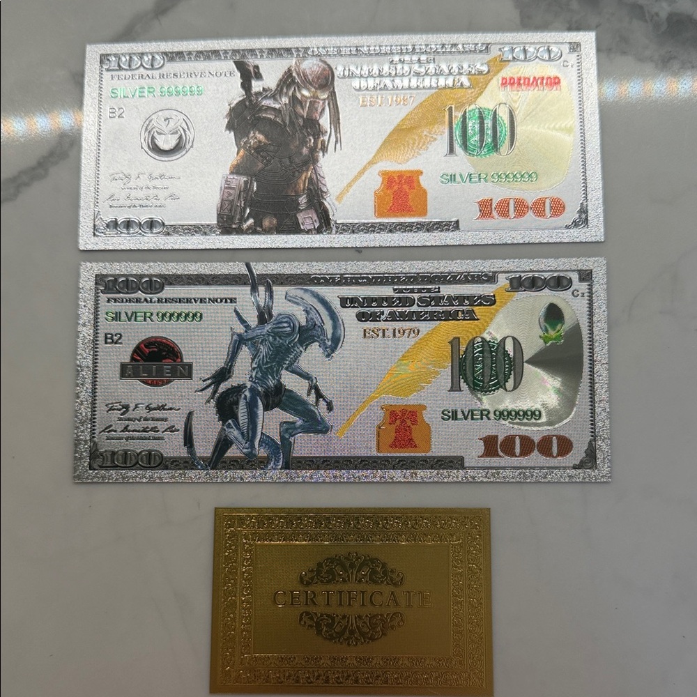 Silver-Plated .9999 Alien Collectible Bills with Gold Certificate.